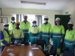 Some of the Poly faculty and me all suited up in personal protective equipment (pants, top, hard hat, ear plugs, protective glasses, face mask, boots) for our tour of Lafarge's grinding facilities