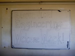 A welcoming message on the whiteboard